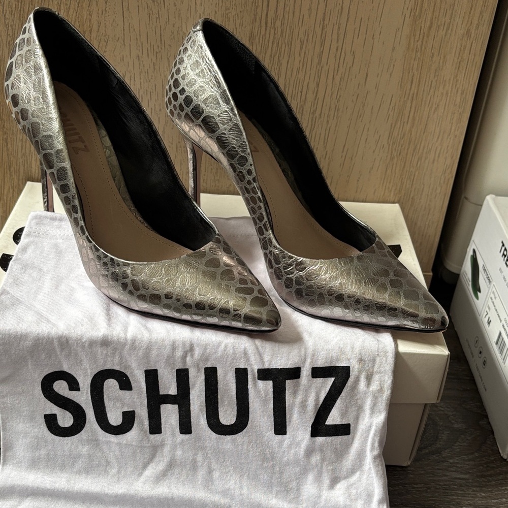SCHUTZ Metallic Snake Print Heels
